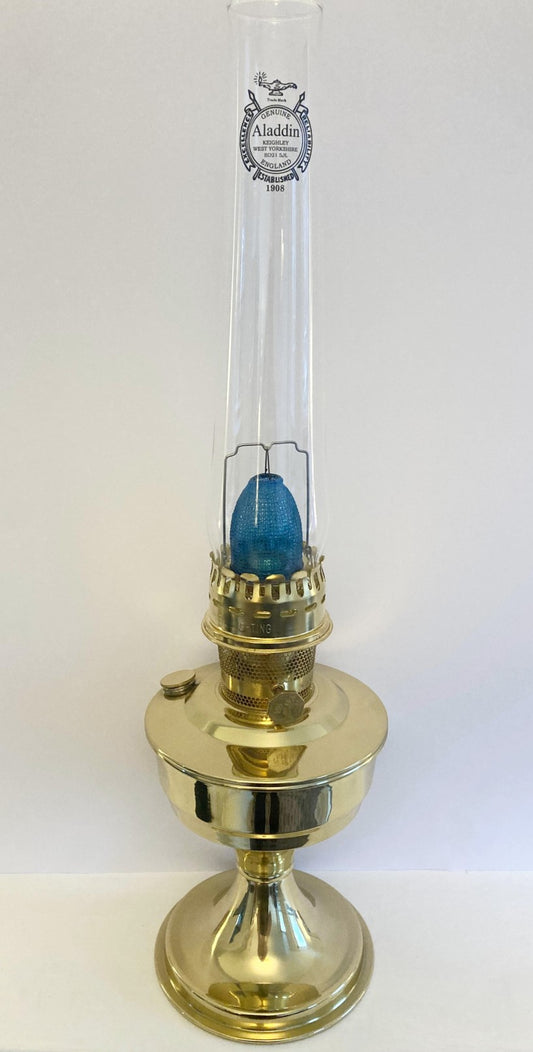 Brass oil lamp with blue mantle and glass chimney