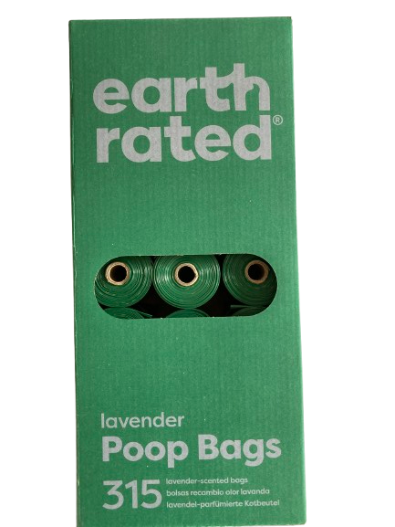 Green packaging of earth rated lavender poop bags with visible text.