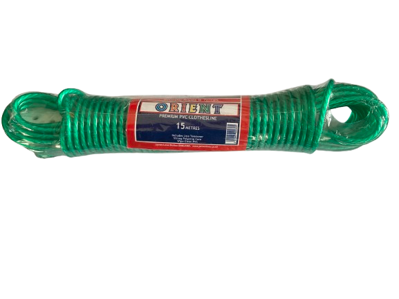 Green PVC washing line coiled on a white background with a label.